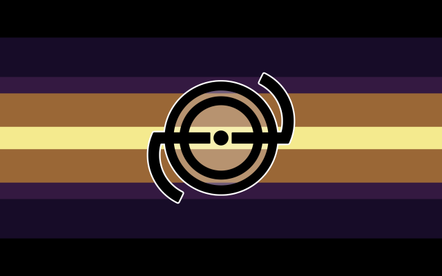 A 9 striped flag going from black, to dark blue purple, to mid pink purple, to orange, to light yellow on both sides. The mid pink-purple stripe, and middle yellow stripe, are both thinner than the rest. In the center is a symbol with two rings, a center dot, and two horizontal lines coming out. On the left side, there’s a curved line going downwards, and on the right side, there’s a curved line going upwards. The symbol is black with a white border. 