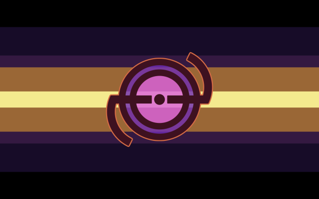 A 9 striped flag going from black, to dark blue purple, to mid pink purple, to orange, to light yellow on both sides. The mid pink-purple stripe, and middle yellow stripe, are both thinner than the rest. In the center is a symbol with two rings, a center dot, and two horizontal lines coming out. On the left side, there’s a curved line going downwards, and on the right side, there’s a curved line going upwards. The symbol is dark red with a yellow border and pink fill in the center ring, and purple fill on the outer ring. 