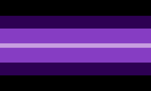 A pride flag going from black on both sides, to dark purple on both sides, to mid purple on both sides, and a thin, light purple stripe in the middle. They are all around the same shade of a blueish purple.