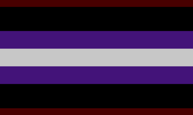 A flag with two thin red stripes at each end, followed by two black stripes, then two purple stripes, and a slightly tinted white stripe in the middle.