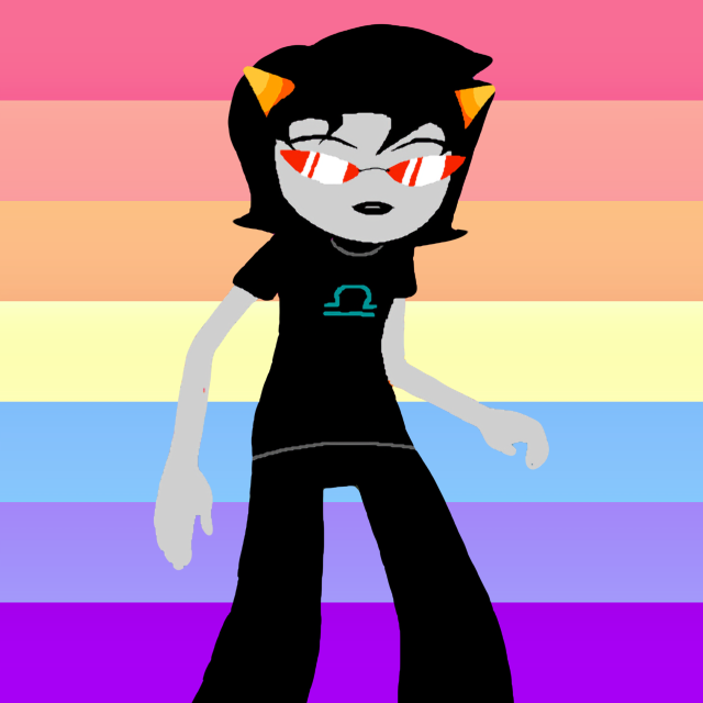 A 7 striped flag going from pinkish red, to light salmon pink to orange, to light yellow, to blue, to blue-purple, to purple. In the center is an image of Terezi, a character with grey skin, red glasses, small orange horns, and black hair going down to the shoulders. She is posed looking slightly off center, with a mildly confused expression on her face.