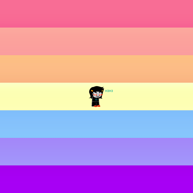 A 7 striped flag going from pinkish red, to light salmon pink to orange, to light yellow, to blue, to blue-purple, to purple. In the center is a small image of Terezi, a character with grey skin, red glasses, small orange horns, and black hair going down to the shoulders. The text “hehe” is written in leetspeek next to her. 