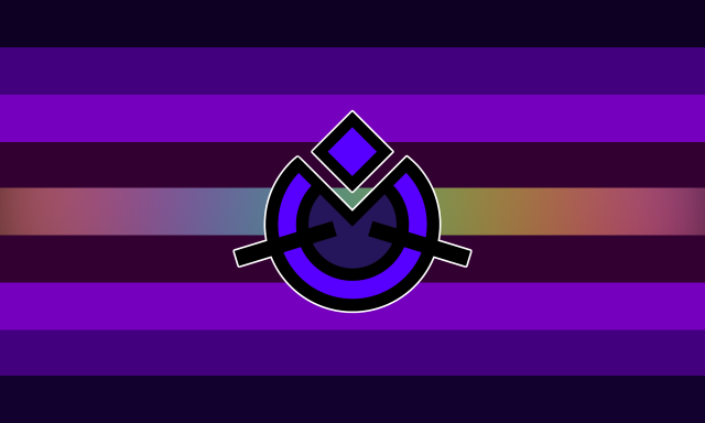 A 9 striped flag with parallel colors on each side. From the outside to inside, it goes from very dark blue-purple, to mid purple, to mid purple-pink, to dark red-pink, to a rainbow gradient stripe in the middle. In the center is a symbol depicted as two rings, the inner filled in with dark purple and the outer filled in with bright purple, with a triangular chunk taken out from the top, two symmetrical lines coming out diagonally from each side, and a diamond positioned above it and filled-in with the same bright purple as the outer ring.