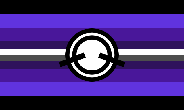 A 10-striped flag that, on each side, goes from black, to mid purple, to a darker and more saturated purple, to a very dark purple, to a thin white stripe and then thin dark grey stripe. There’s a black symbol in the center that’s filled in white, and is two rings with two lines coming out diagonally from each side.