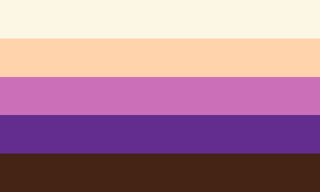 A 5 striped flag going from light yellow, to orange, to mid pink, to deep purple, to dark brown. 