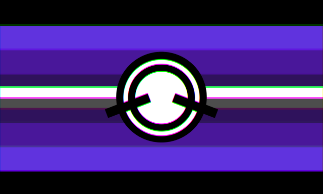 A 10-striped flag that, on each side, goes from black, to mid purple, to a darker and more saturated purple, to a very dark purple, to a thin white stripe and then thin dark grey stripe.  There’s a black symbol in the center that’s filled in white, and is two rings with two lines coming out diagonally from each side. The flag has a chromatic filter over it in green and pink distortion.