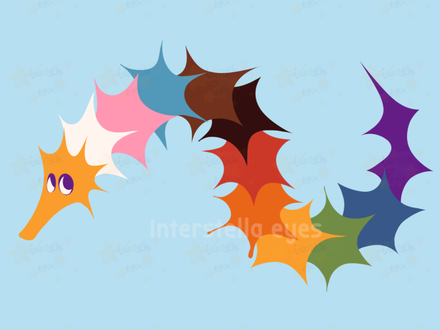 A digital drawing of a worm on a string made out of the colors of the progress pride flag, drawn in a simple lineless style.