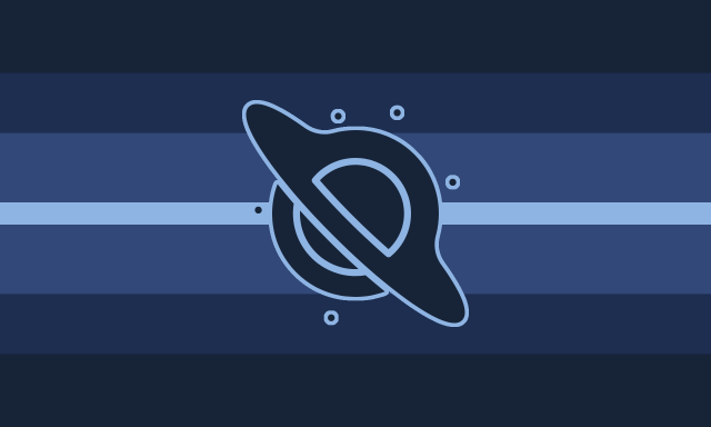 a rectangular flag with 6 equally-sized horizontal lines with a thinner line in the middle. colors in order from top to bottom are a gradient from dark blue to light blue to dark blue. in the center of the flag is a dark blue black hole symbol outlined in light blue.