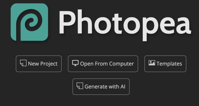 A screenshot of the Photopea start screen, with the options for "New project", "Open from computer", "Template", and "Generate with AI"