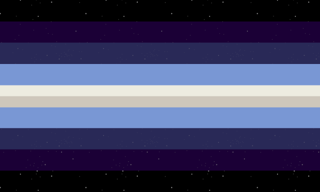 A 9 striped flag going from black, to dark purple, to dark blue, to light blue, to a dual-colored stripe that’s very light yellow and a slightly darker shade of light yellow. There are stars overlaying the flag, gradually getting less visible towards the center of the flag.