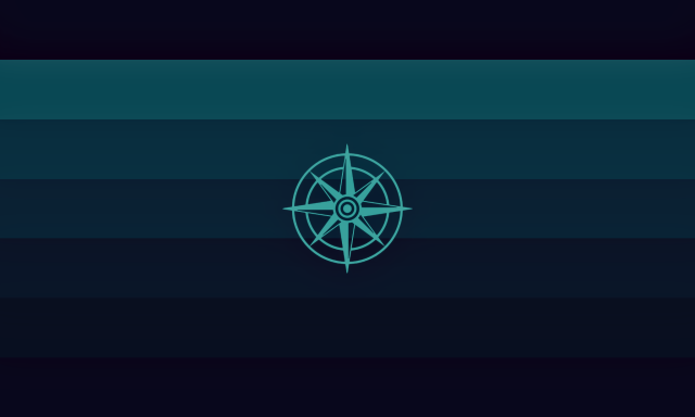 A pride flag with 7 stripes, going from very dark blue, to dark teal, to gradually deeper shades of blue before reaching the same dark blue shade as on the top. In the center, there is a teal nautical star symbol.