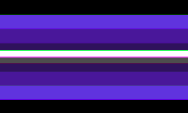 A 10-striped flag that, on each side, goes from black, to mid purple, to a darker and more saturated purple, to a very dark purple, to a thin white stripe and then thin dark grey stripe. The flag has a chromatic filter over it in green and pink distortion.