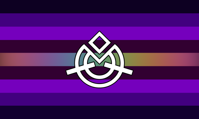A 9 striped flag with parallel colors on each side. From the outside to inside, it goes from very dark blue-purple, to mid purple, to mid purple-pink, to dark red-pink, to a rainbow gradient stripe in the middle. In the center is a white symbol with a black border, depicted as two rings with a triangular chunk taken out from the top, two symmetrical lines coming out diagonally from each side, and a diamond positioned above it. 