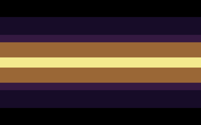 A 9 striped flag going from black, to dark blue purple, to mid pink purple, to orange, to light yellow on both sides. The mid pink-purple stripe, and middle yellow stripe, are both thinner than the rest.