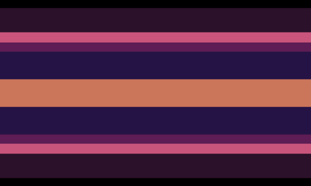 Stranger-Aligned flag. It goes from black, to dark pink-purple, to light pink, to mid pink, to dark purple, on each side, and has a bright orange center.