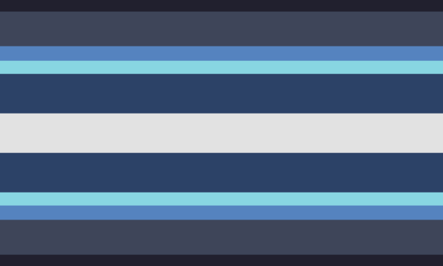 Lonely-aligned flag. On both sides, it goes from dark grey-blue, to mid grey, to light sky blue, to light teal, to dark grey-blue, to a light grey center.