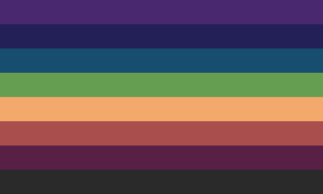 A slightly desaturated flag with 8 stripes, going from mid purple, to dark blue, to mid teal, to lighter green, to very light orange, to mid red, to darker pink, to dark grey.