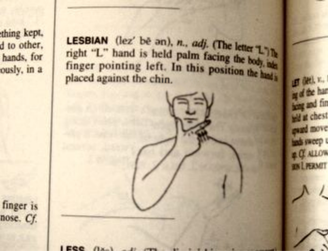 The image is a close-up photograph of a page from a sign language manual. The main focus is a black and white line drawing of a person making a hand gesture. The person is depicted from the chest up, with a relatively neutral facial expression. The right hand is positioned near the chin, with the palm facing the body, the index finger pointing to the left, forming the shape of the letter “L.” The text surrounding the drawing defines "lesbian" and describes the depicted hand gesture as its sign language equivalent. The surrounding text is typical of a dictionary entry, with phonetic spellings and grammatical information.