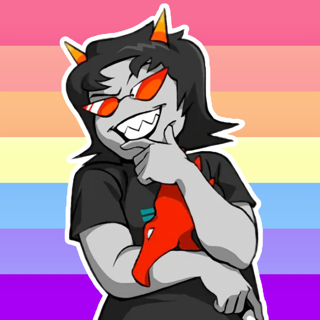 A 7 striped flag going from pinkish red, to light salmon pink to orange, to light yellow, to blue, to blue-purple, to purple. In the center is an image of Terezi, a character with grey skin, red glasses, small orange horns, and black hair going down to the shoulders. She has one hand up against her chin, and the other is underneath a red cane she has positioned between both her arms. She is smiling mischievously and looking to the left. Her icon is bordered in white. 