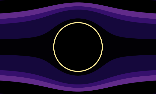 Dark-Aligned flag. It's meant to go from dark purple, to black, to light purple, to mid purple, to dark purple, on each side, and a black center, however the flag has been warped so that the black center expands in the middle and pushes the other stripes outwards, with a hollow gold ring in its center. 