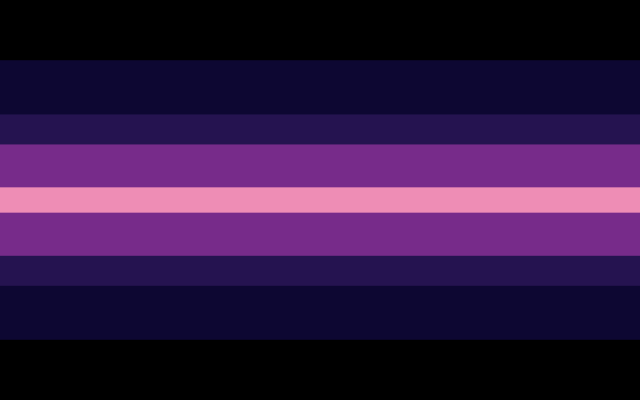 A pride flag that is black on both sides, then very dark blue on both sides, then with thin dark purple stripes on both sides, then mid purple-pink on both sides, and a thin, very light reddish pink stripe in the middle.