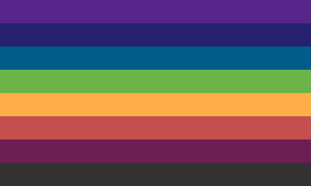 A bright flag with 8 stripes, going from mid purple, to dark blue, to mid teal, to lighter green, to very light orange, to mid red, to darker pink, to dark grey.