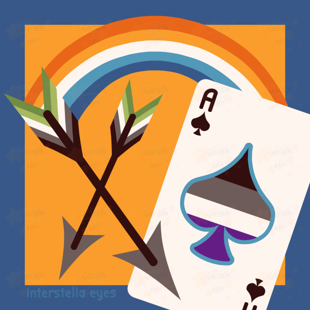 A digital drawing of a pair of arrows in the aromantic colors and an ace of spades card with the asexual colors, connection by an aroace colored rainbow. The drawing is made in a simple lineless style.