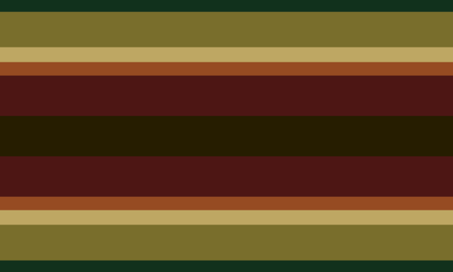 Corruption-aligned flag. On both sides, it goes from dark green, to dark yellow, to light yellow, to mid orange, to dark red, to a dark brown center.
