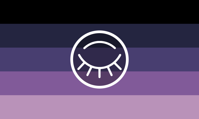 A 5 striped flag going from black, to dark blue, to mid grey-purple, to mid pink-purple, to lighter pink. At the center, there’s a white ring with a closed eye inside of it. There is a bit of a black overlay on the inside.