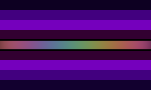 A 9 striped flag with parallel colors on each side. From the outside to inside, it goes from very dark blue-purple, to mid purple, to mid purple-pink, to dark red-pink, to two small black border lines, and finally a rainbow gradient stripe in the middle.