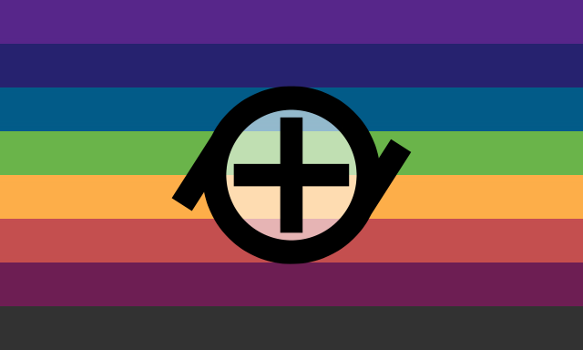 A bright flag with 8 stripes, going from mid purple, to dark blue, to mid teal, to lighter green, to very light orange, to mid red, to darker pink, to dark grey. In the center is a ring with a plus sign in it, and two diagonal lines coming out of each side, the left one tilted down and right one tilted up. 