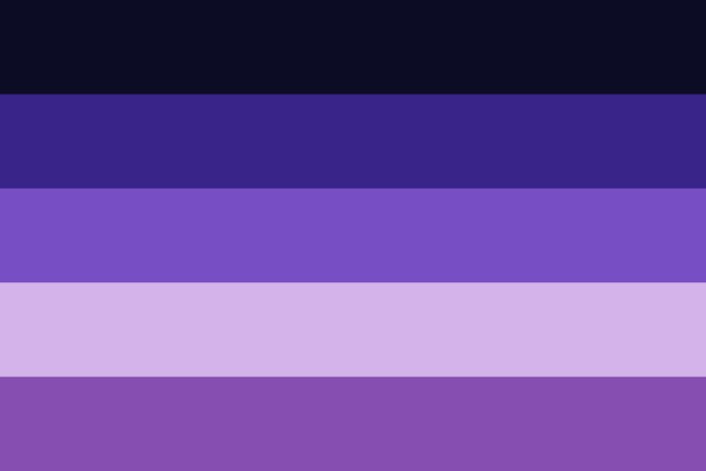 A flag with 5 equally sized horizontal stripes. From top to bottom, the colours are: black blue, dark cold purple, lighter purple, greyish light pink, desaturated warm purple.