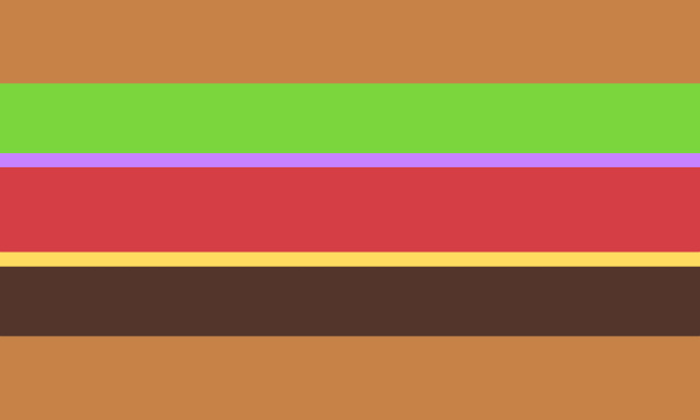 A seven striped flag. The third and fifth stripes are significantly thinner than the rest. The colors go light brown, green, purple, red, light yellow, dark brown, and light brown again.