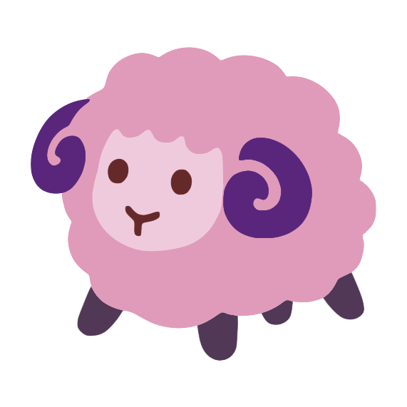 A pink sheep with purple horns and feet, dark pink eyes, and a light pink face, bordered in white. 