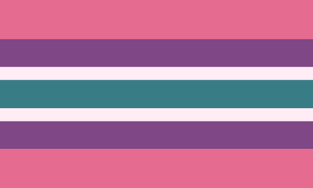 A 7-striped flag that goes from bright pink, to dark purple, to white on both ends, and has a blue-green center. The pink stripes are bigger than the others, and the white stripes are smaller than the others, making the flag stripes unequal.