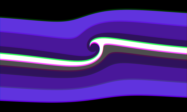 A 10-striped flag that, on each side, goes from black, to mid purple, to a darker and more saturated purple, to a very dark purple, to a thin white stripe and then thin dark grey stripe. This version is distorted to look wavy, with the stripes bending upwards and to the left around the middle. The flag has a chromatic filter over it in green and pink distortion.