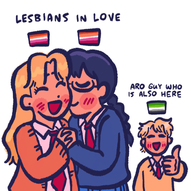 Yuzuki Murashige and Makoto Kurume from “Skip and Loafer” blushing and holding hands under the words [LESBIANS IN LOVE.] Off to the side, Sousuke smiles and gives a thumbs up, labelled [ARO GUY WHO IS ALSO HERE.]