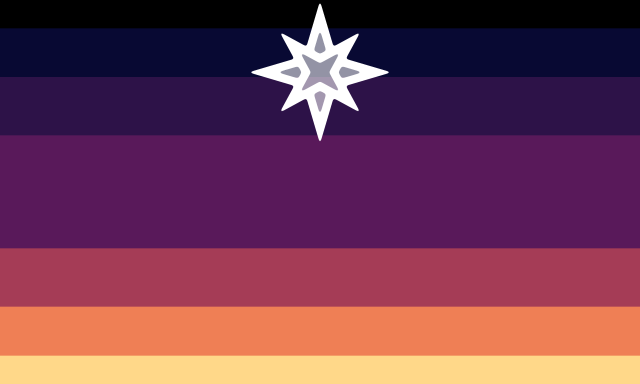 A 7 striped flag with uneven stripes. Each end stripe is thin, the second to the middle is a little less thin, the stripes next to the middle are less thin, and the middle stripe is the longest. From top to bottom, the colors go from black, to dark blue, to dark purple, to magenta, to reddish pink, to orange, to yellow. A white star icon is in the top center of the flag.