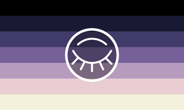 A 7 striped flag that’s a gradient from black, to dark purples and blues, to pink, to yellow at the very bottom. At the center, there’s a white ring with a closed eye inside of it. There is a bit of a black overlay on the inside.