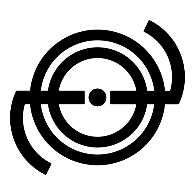 A black symbol with two rings, a center dot, and two horizontal lines coming out. On the left side, there’s a curved line going downwards, and on the right side, there’s a curved line going upwards.