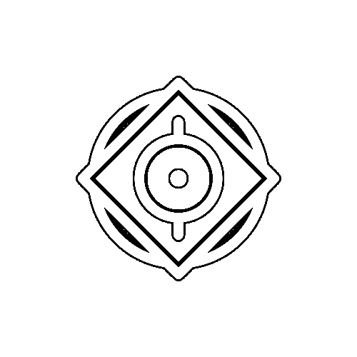 A nonhuman symbol, depicted as a diamond with a circle with two small lines coming off of the top and bottom of it, and a dot in the center. There is a ring behind the diamond, circling it.