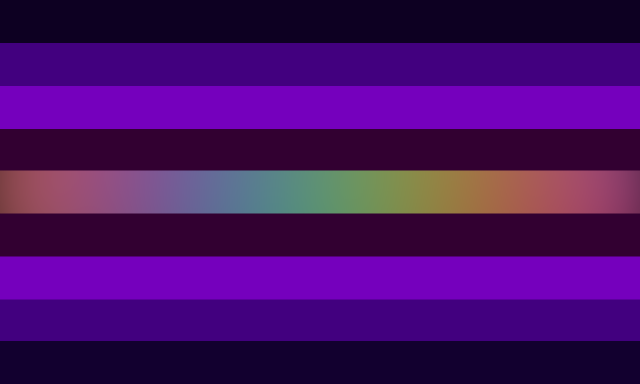 A 9 striped flag with parallel colors on each side. From the outside to inside, it goes from very dark blue-purple, to mid purple, to mid purple-pink, to dark red-pink, to a rainbow gradient stripe in the middle.