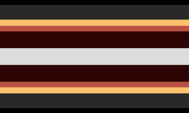 Extinction-aligned flag. On both sides, it goes from black, to grey, to yellow, to orange, to dark red, to a white center.