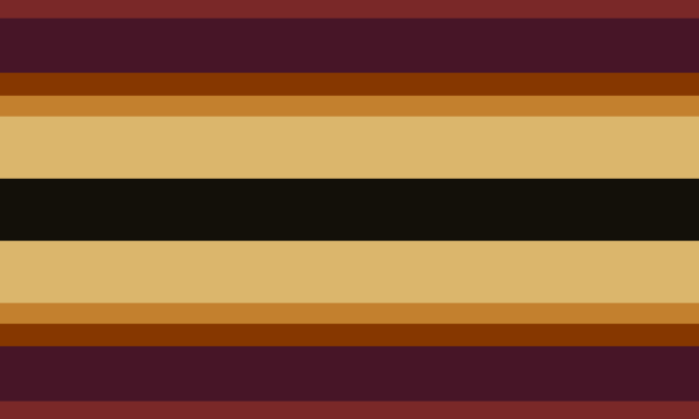 Spiral-Aligned flag. It goes from red, to dark pink-red, to orange, to yellow, to light yellow, on each side, and has a black center.