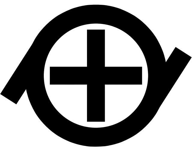 A black ring with a plus sign inside it, and two diagonal lines coming out of it. The left line is tilted downwards, while the right one is tilted upwards. 