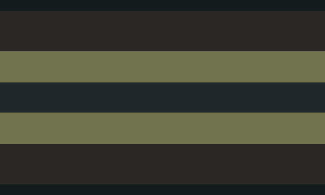 A flag with two thin dark green stripes at each end, followed by two pale brown stripes, then two greyish yellow stripes, and a slightly tinted grey stripe in the middle.