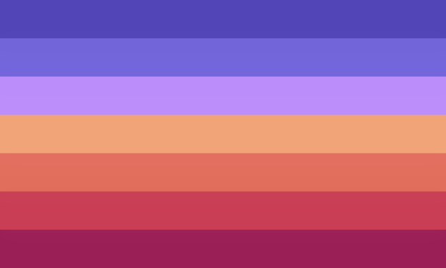 A 7 striped flag going from dark blue, lighter blue, light purple-blue, light orange, mid orange, red, dark pink-red. 