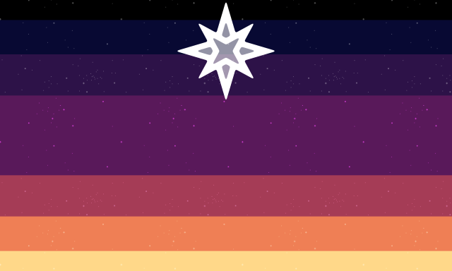 A 7 striped flag with uneven stripes. Each end stripe is thin, the second to the middle is a little less thin, the stripes next to the middle are less thin, and the middle stripe is the longest. From top to bottom, the colors go from black, to dark blue, to dark purple, to magenta, to reddish pink, to orange, to yellow. A white star icon is in the top center of the flag, and there are stars added onto the flag, gradually getting more intense towards the top.