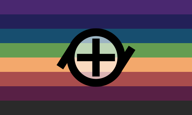 A slightly desaturated flag with 8 stripes, going from mid purple, to dark blue, to mid teal, to lighter green, to very light orange, to mid red, to darker pink, to dark grey. In the center is a ring with a plus sign in it, and two diagonal lines coming out of each side, the left one tilted down and right one tilted up. 