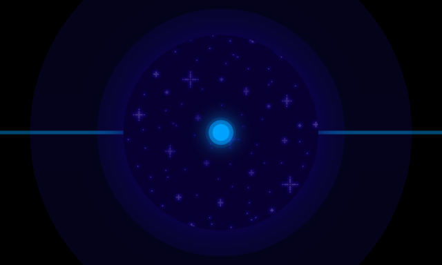 A pride flag with a small teal circle fading outwards in the center, surrounded by a starry dark blue ring, then a lighter blue ring, and then a much larger, very dark blue ring, with a black background behind it. A horizontal teal line is coming out of the starry circle, going from one end of the image to the other.